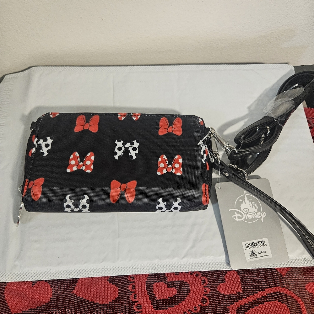 Disney Black Purse with Minnie Mouse Red and White Bows, a Minnie Mouse Keychain